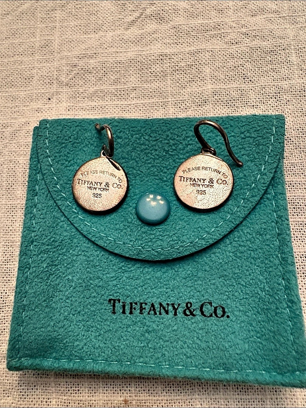 Tiffany & Co. Return to Tiffany Round Tag Drop Earrings. Gold & Blue